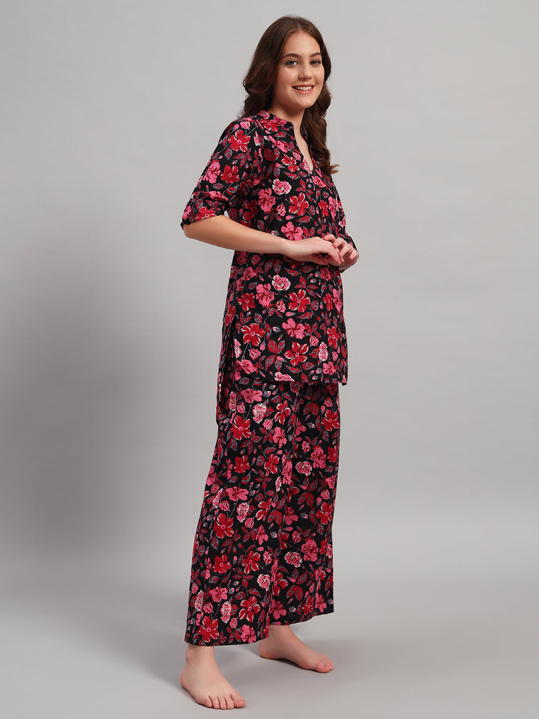 Women’s Black & Red Floral Printed Night Suit Co-Ord Set