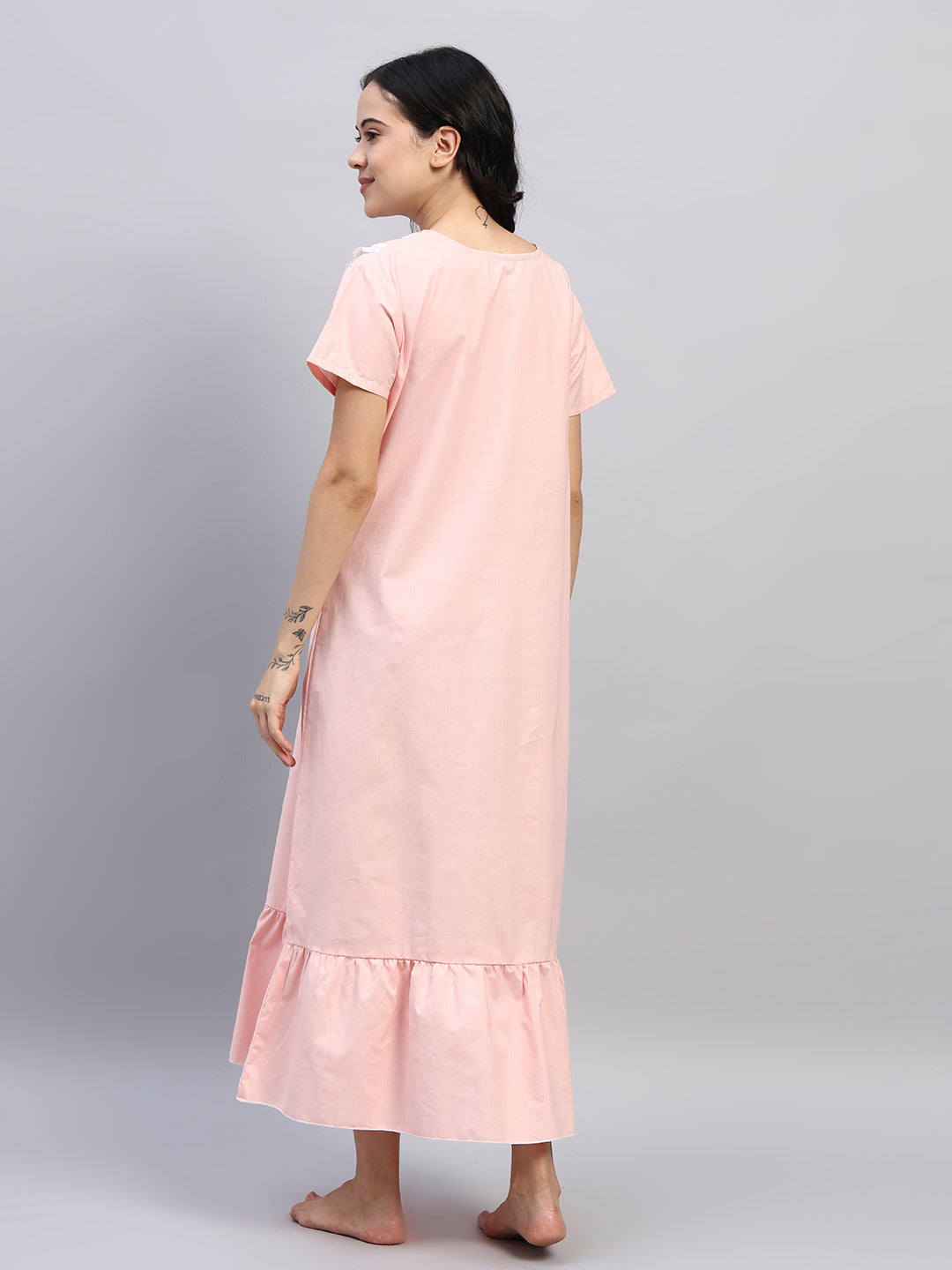 Peach Cotton Night Gown with Lace Yoke – Soft & Elegant Maxi Nightwear for Women