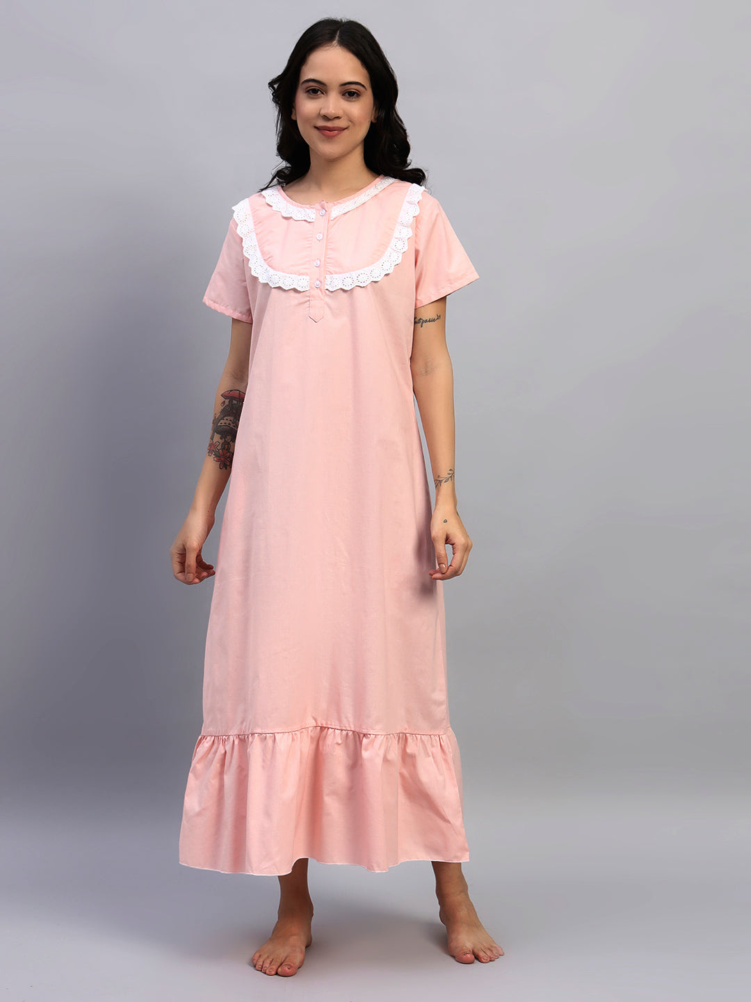 🌸 Peach Cotton Night Gown with Lace Yoke – Soft & Elegant Maxi Nightwear for Women