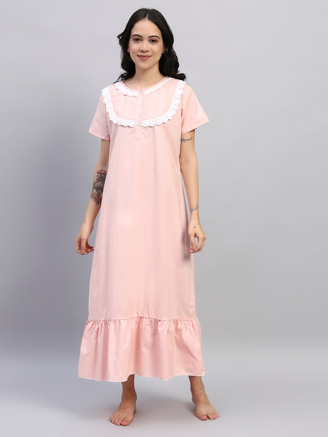 Peach Cotton Night Gown with Lace Yoke – Soft & Elegant Maxi Nightwear for Women