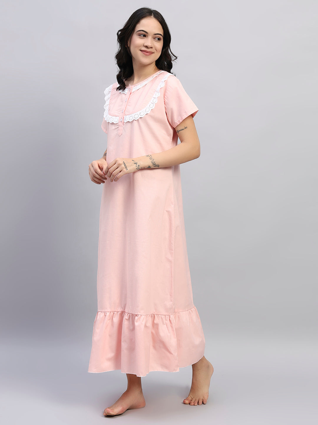 Peach Cotton Night Gown with Lace Yoke – Soft & Elegant Maxi Nightwear for Women