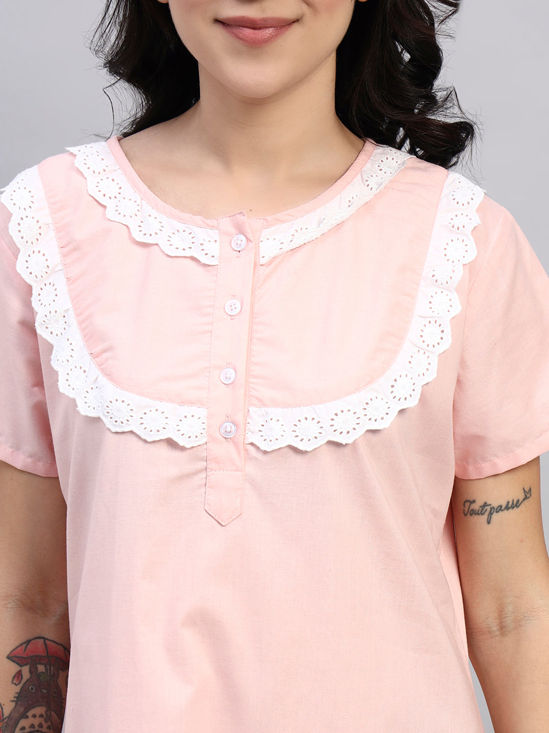 Peach Cotton Night Gown with Lace Yoke – Soft & Elegant Maxi Nightwear for Women