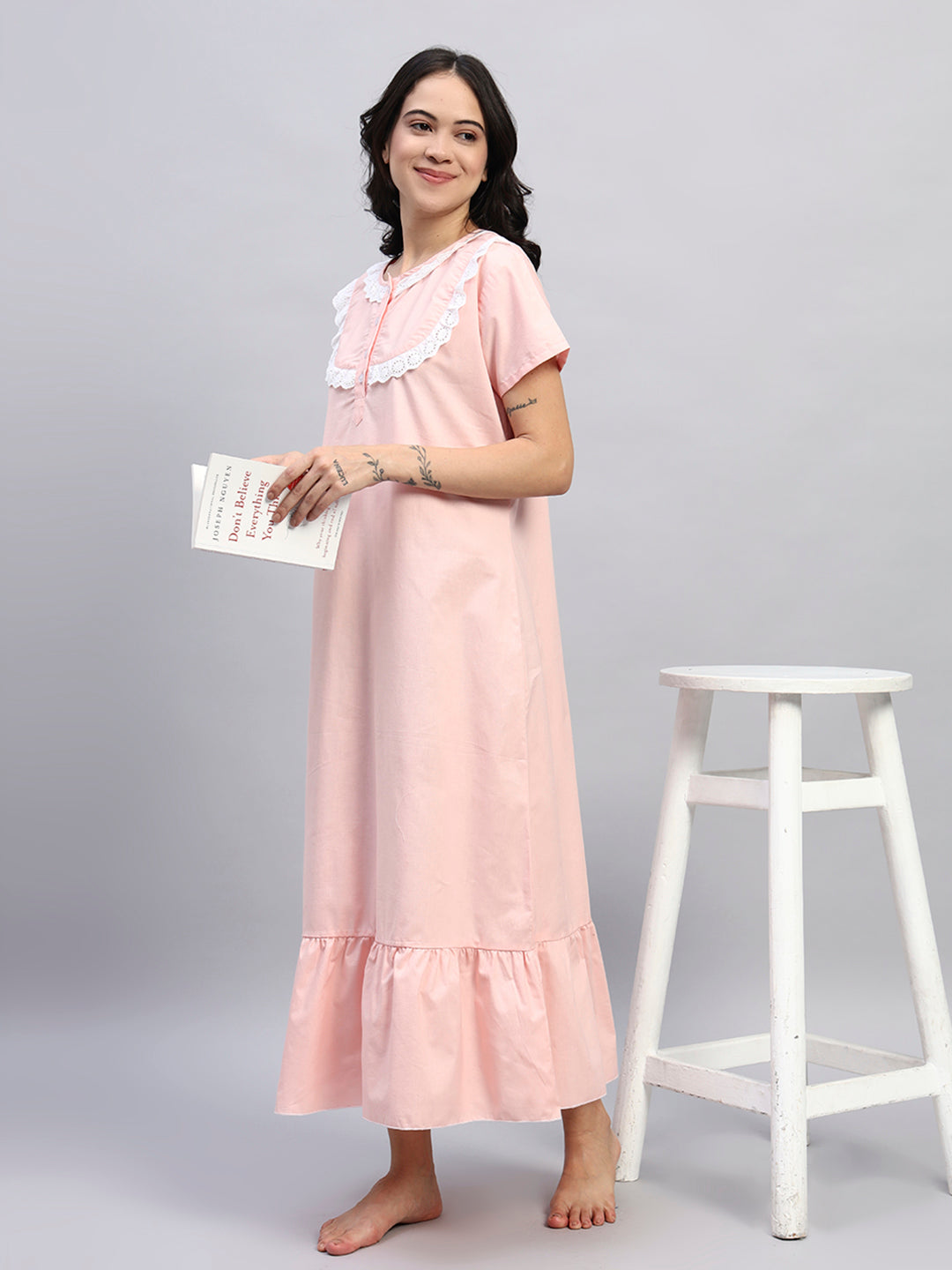 🌸 Peach Cotton Night Gown with Lace Yoke – Soft & Elegant Maxi Nightwear for Women