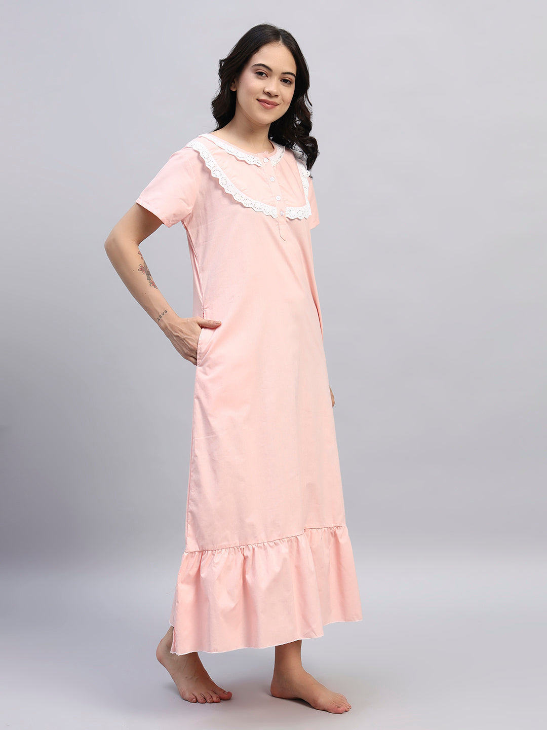 Peach Cotton Night Gown with Lace Yoke – Soft & Elegant Maxi Nightwear for Women