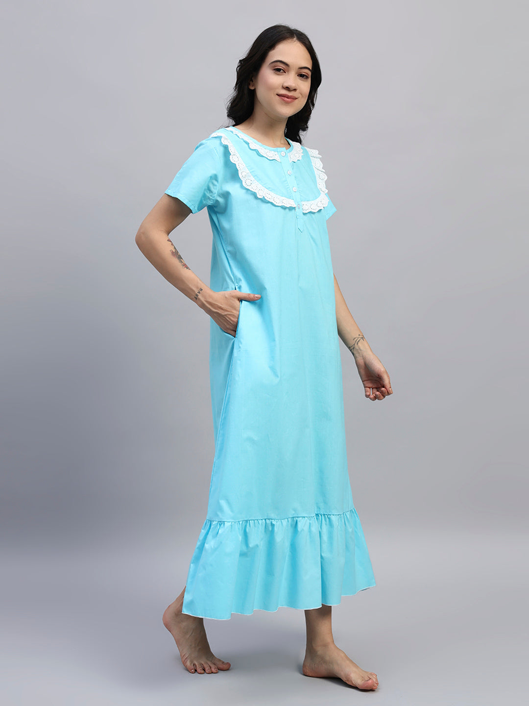 🌸 Plain Cotton Night Gown with Lace Yoke – Soft & Elegant Maxi Nightwear for Women