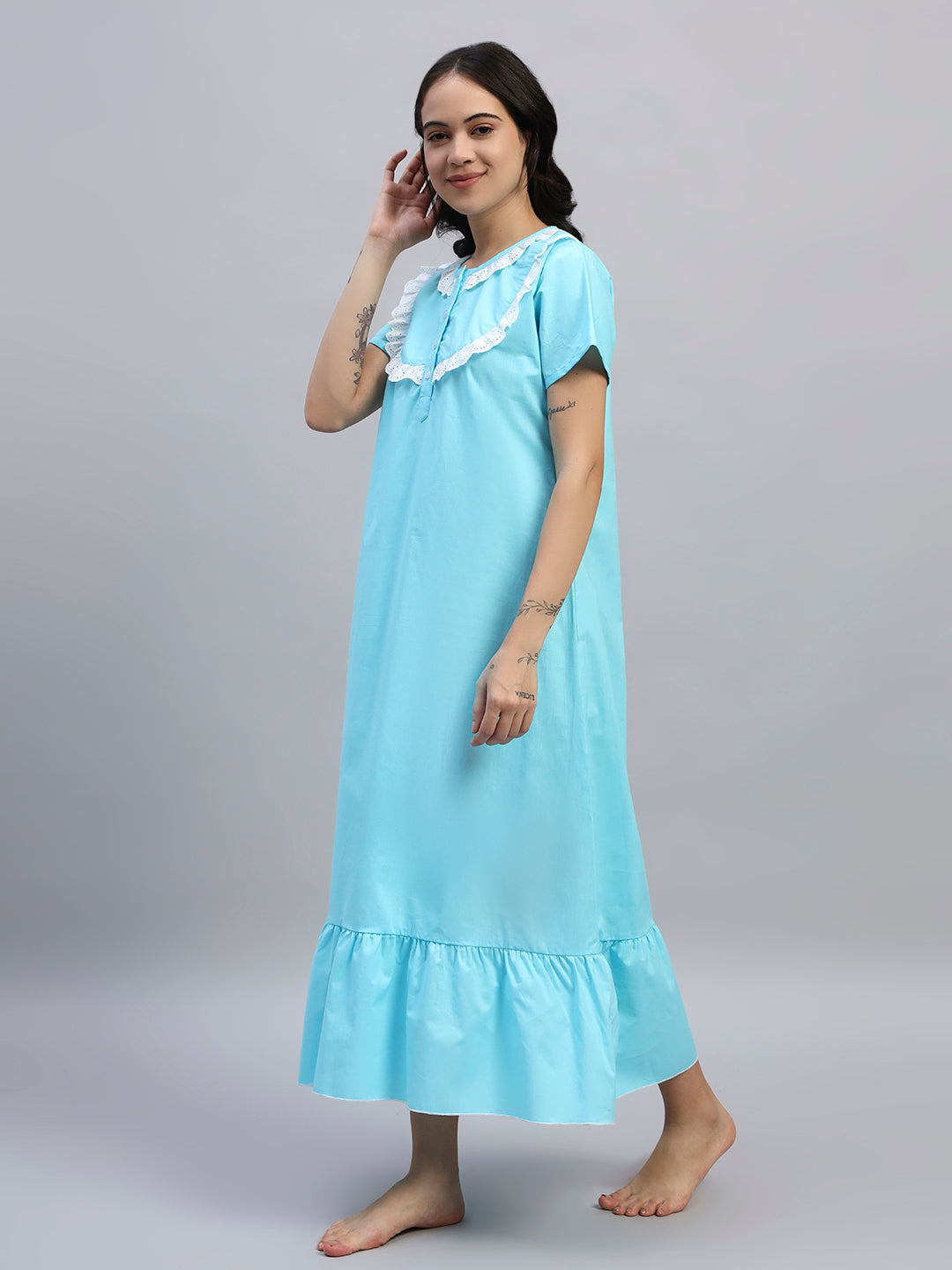 Women Plain Cotton Night Gown with Lace Yoke – Soft & Elegant Maxi Nightwear