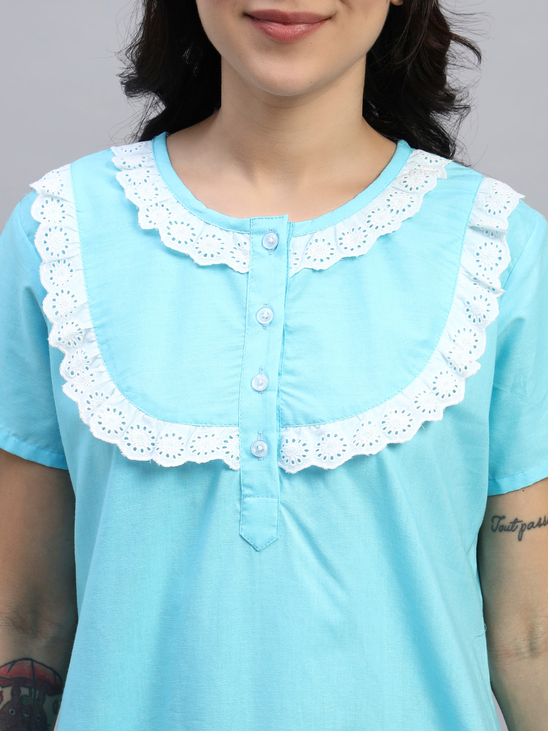 Women Plain Cotton Night Gown with Lace Yoke – Soft & Elegant Maxi Nightwear