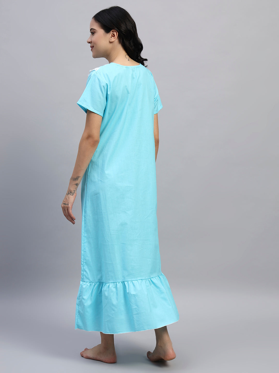 Women Plain Cotton Night Gown with Lace Yoke – Soft & Elegant Maxi Nightwear