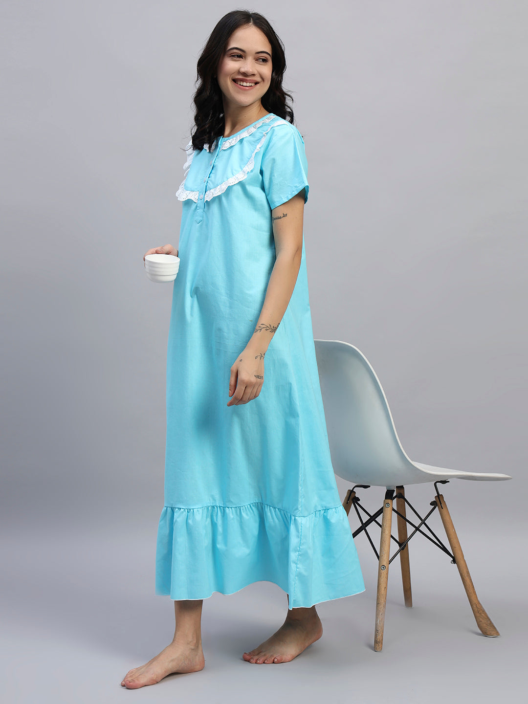 🌸 Plain Cotton Night Gown with Lace Yoke – Soft & Elegant Maxi Nightwear for Women