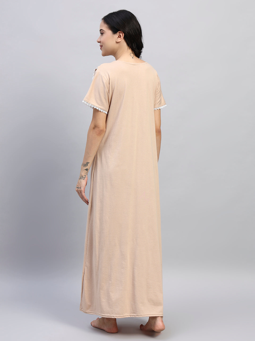 Beige With White Lace Yoke Cotton Night Gown for Women