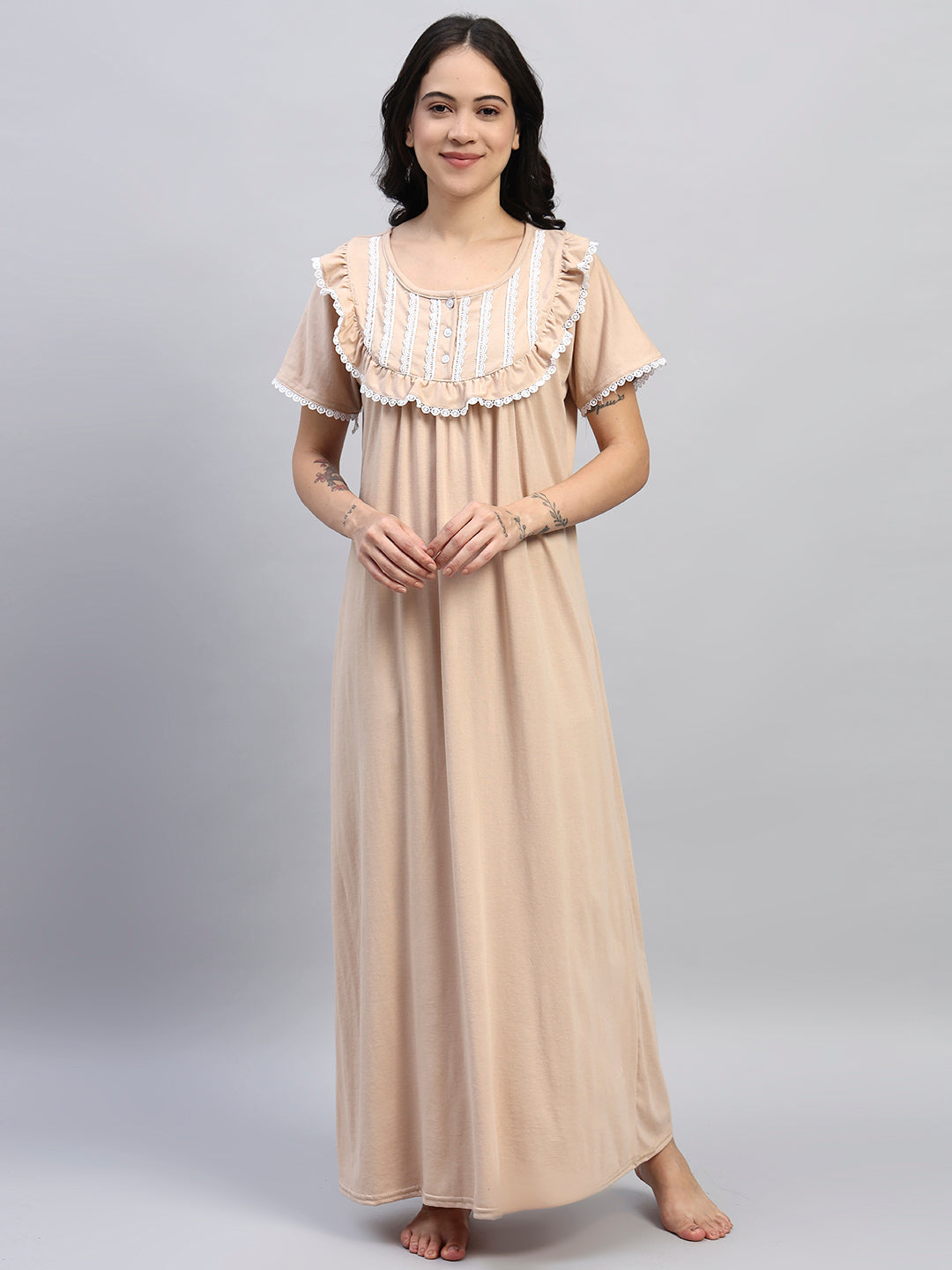 🌸Brown Cotton Night Gown with Lace Yoke – Soft & Elegant Maxi Nightwear for Women