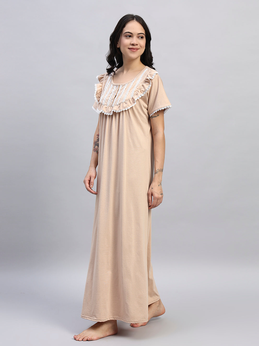 Beige With White Lace Yoke Cotton Night Gown for Women