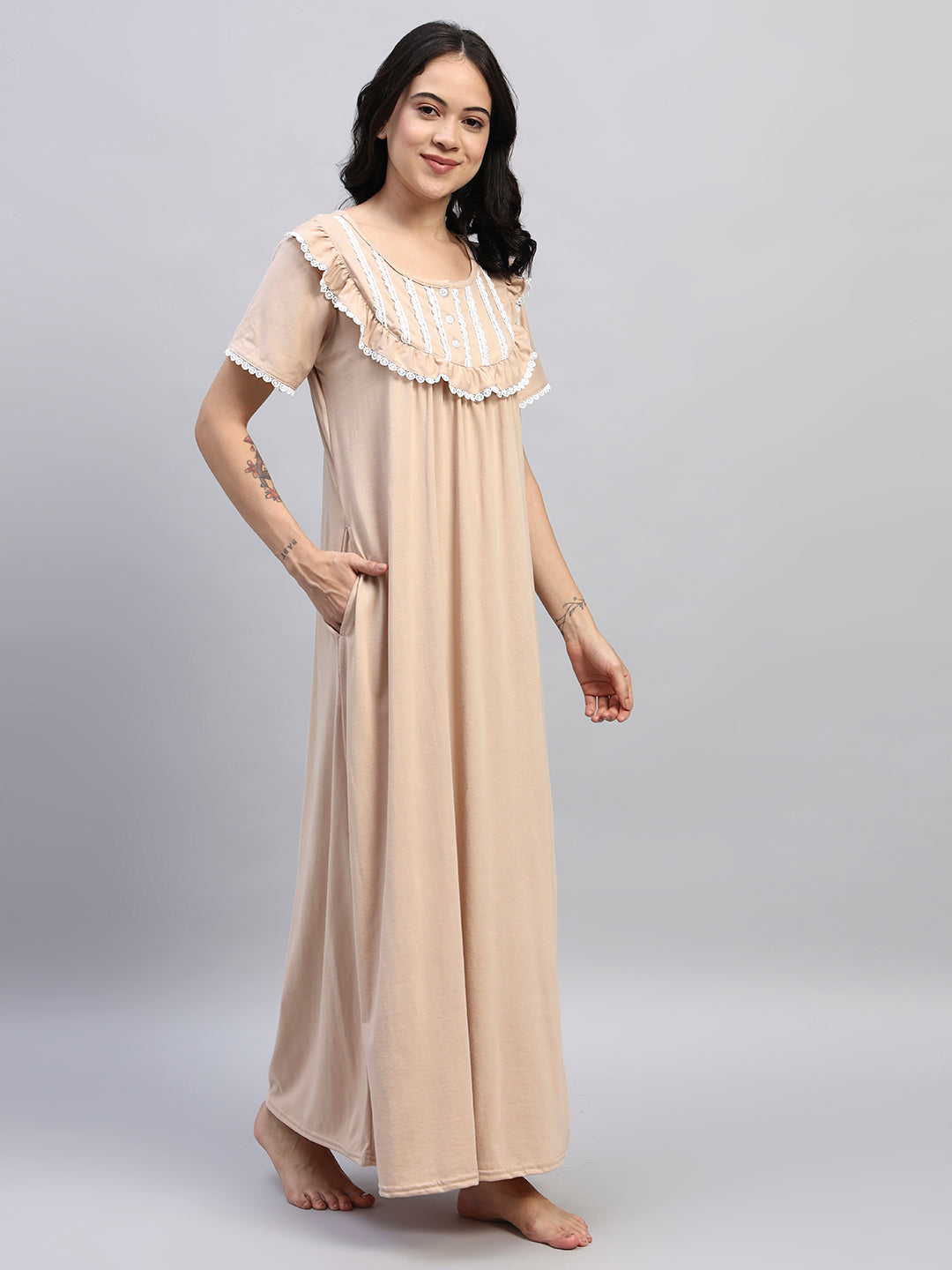Beige With White Lace Yoke Cotton Night Gown for Women