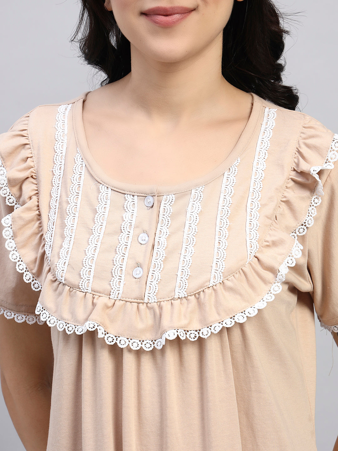 Beige With White Lace Yoke Cotton Night Gown for Women