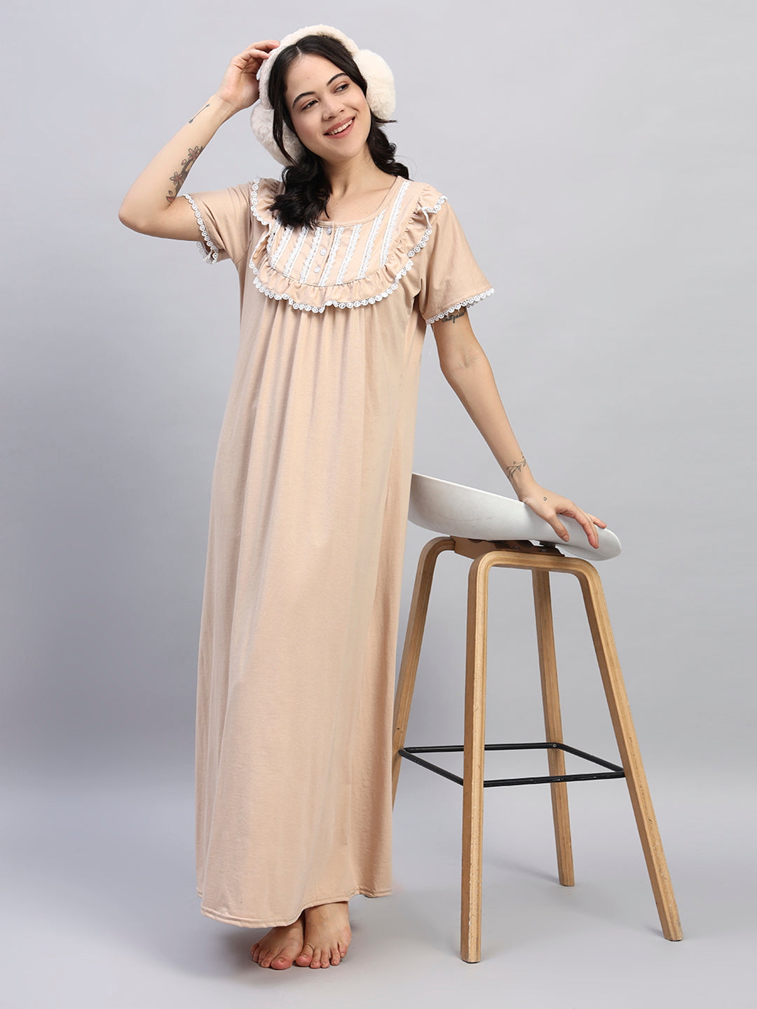 🌸Brown Cotton Night Gown with Lace Yoke – Soft & Elegant Maxi Nightwear for Women