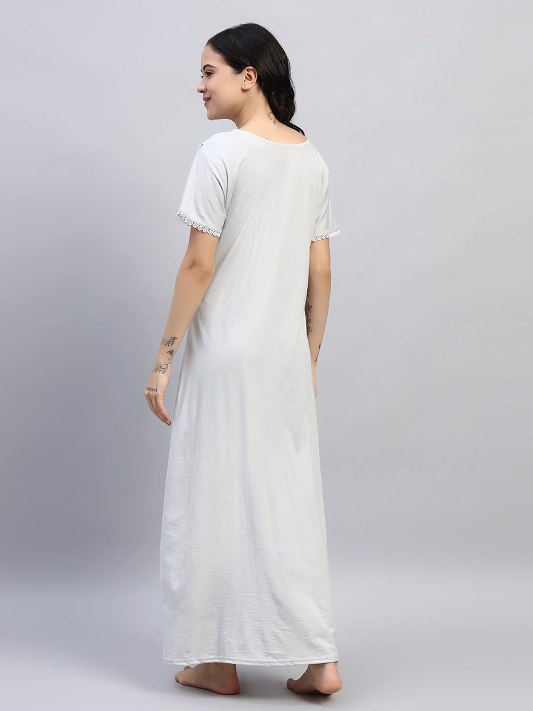 GREY Cotton Maxi Night Gown for Women – Lace Yoke Short Sleeve Comfortable Nightwear