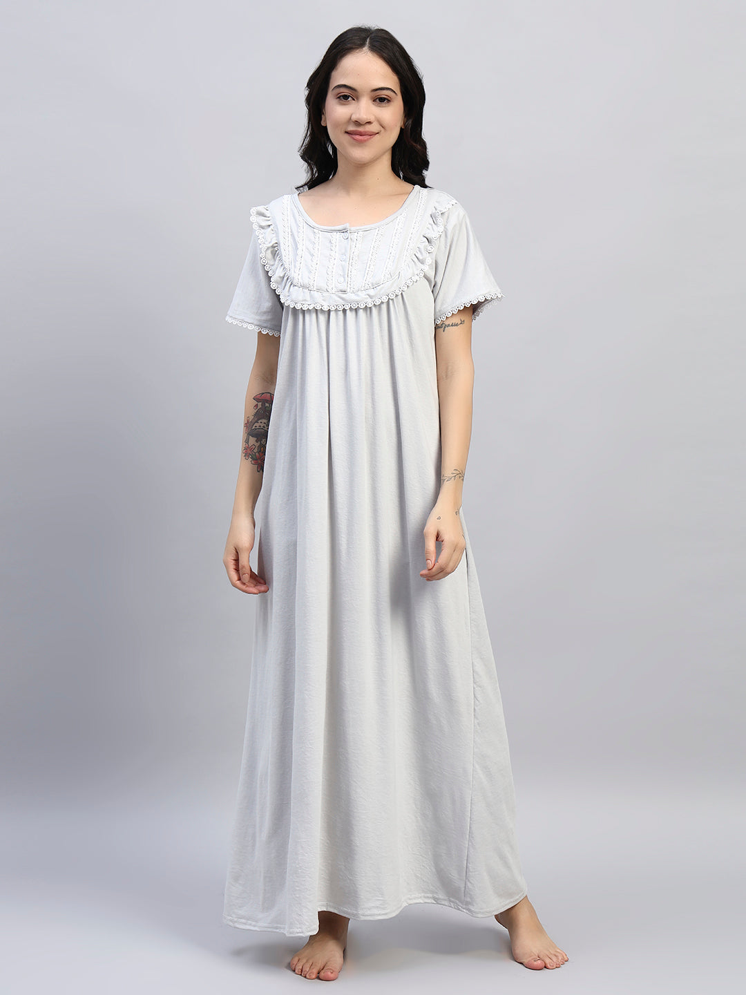 GREY Cotton Maxi Night Gown for Women – Lace Yoke Short Sleeve Comfortable Nightwear