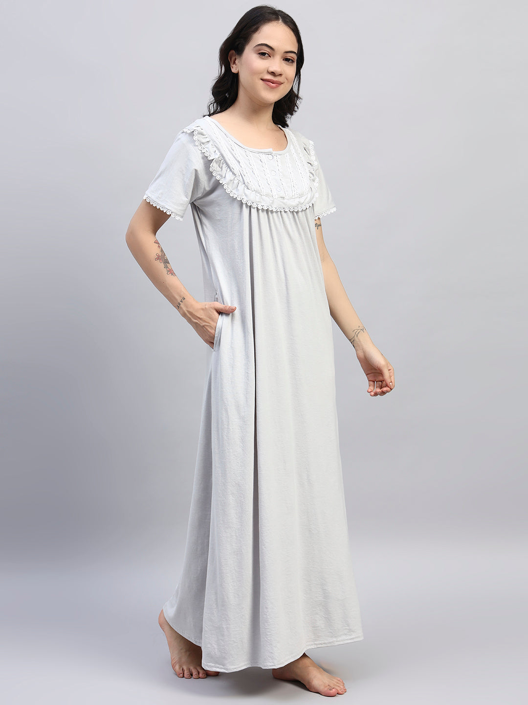 GREY Cotton Maxi Night Gown for Women – Lace Yoke Short Sleeve Comfortable Nightwear