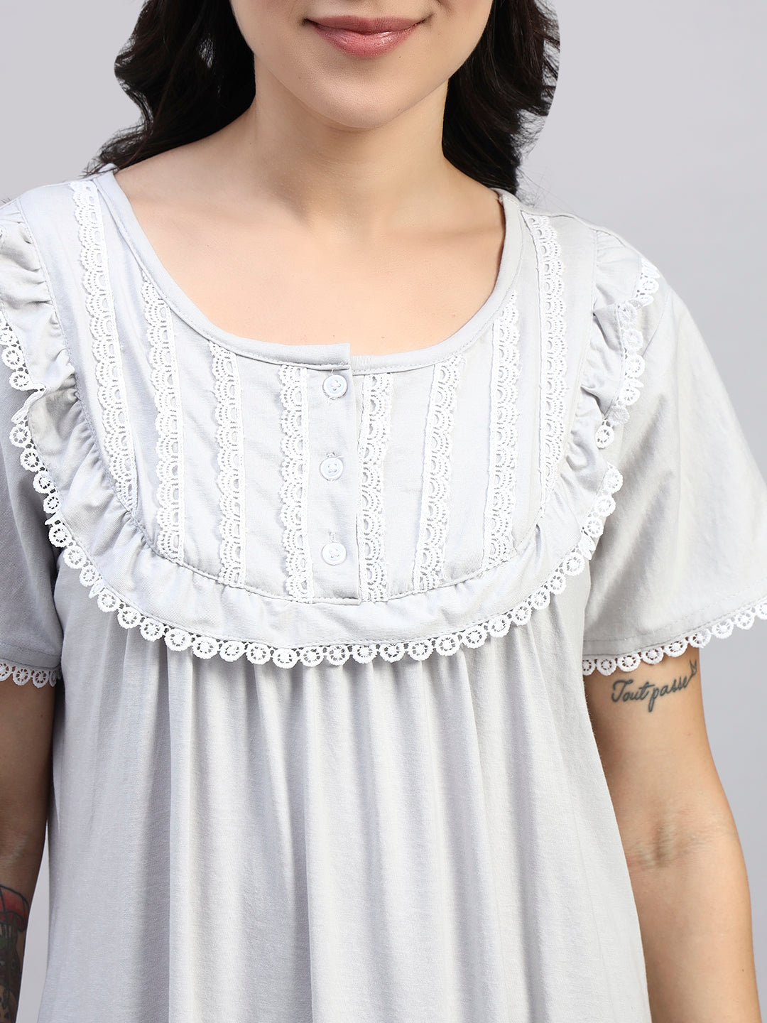GREY Cotton Maxi Night Gown for Women – Lace Yoke Short Sleeve Comfortable Nightwear