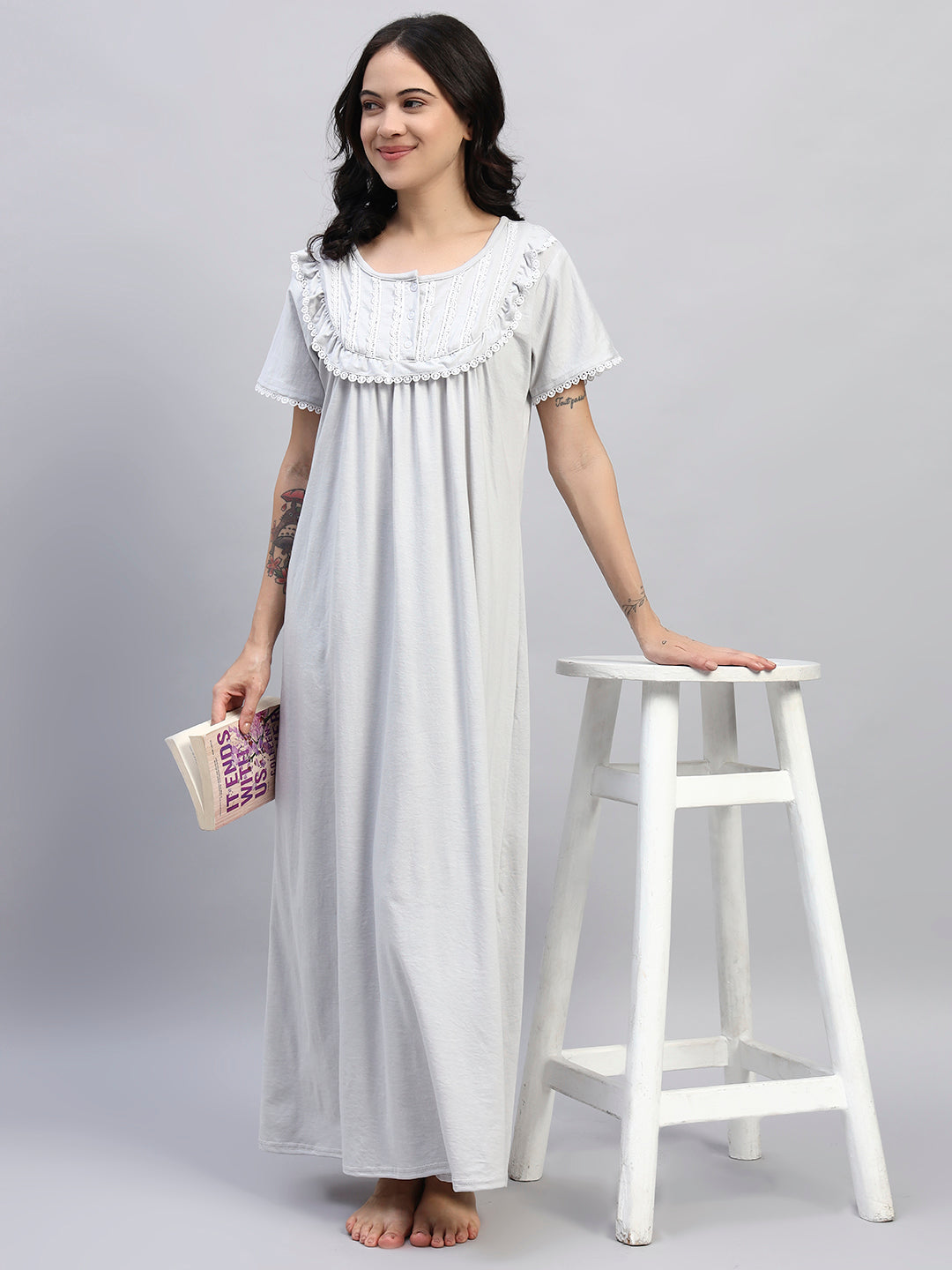 GREY Cotton Maxi Night Gown for Women – Lace Yoke Short Sleeve Comfortable Nightwear