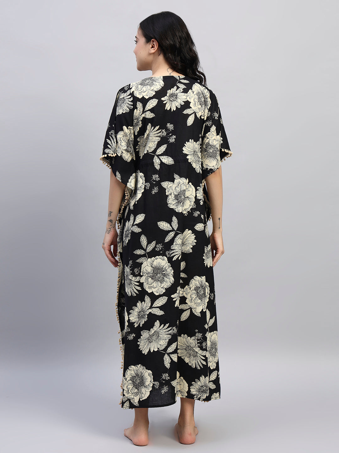Black Floral Cotton Kaftan Dress – Soft Breathable Lounge & Nightwear