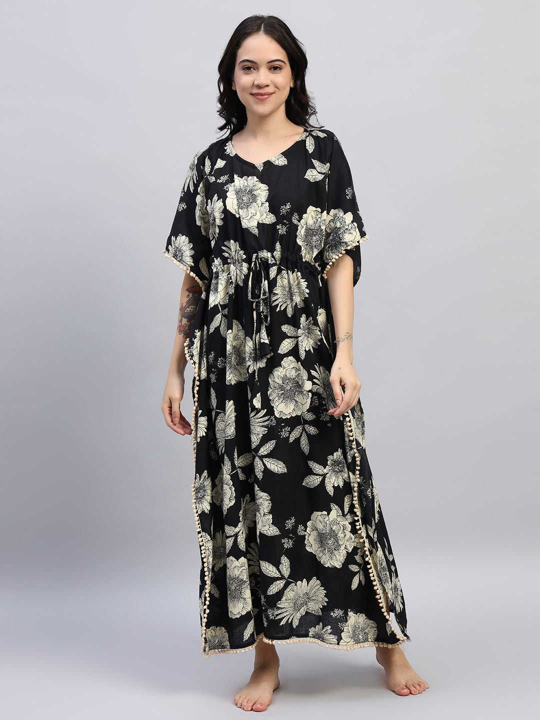 Black Floral Cotton Kaftan Dress – Soft Breathable Lounge & Nightwear