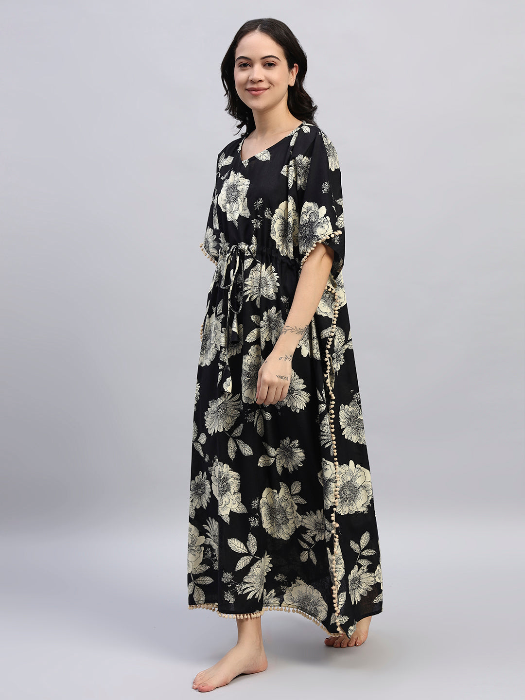 Black Floral Cotton Kaftan Dress – Soft Breathable Lounge & Nightwear