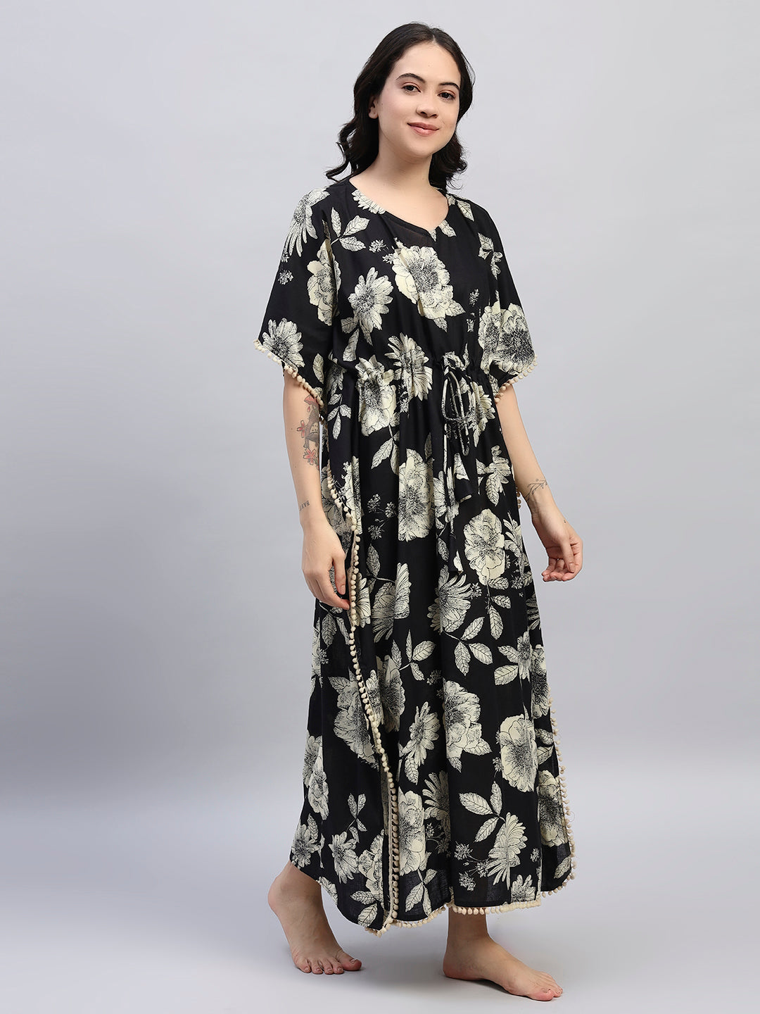 Black Floral Cotton Kaftan Dress – Soft Breathable Lounge & Nightwear