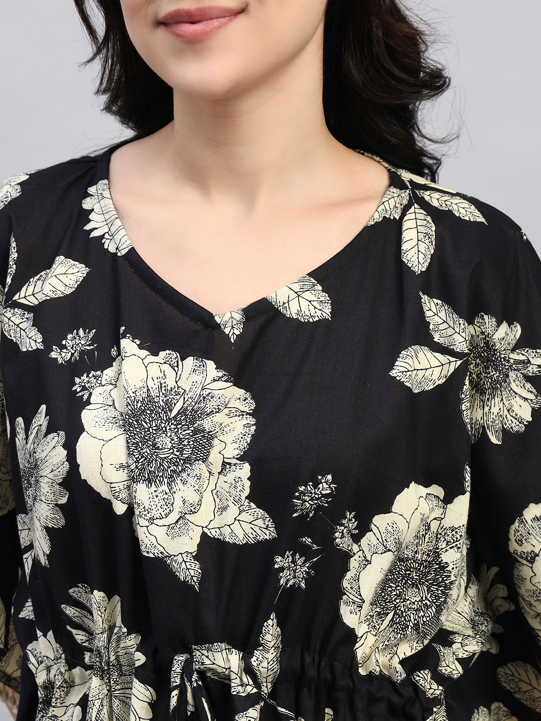 Black Floral Cotton Kaftan Dress – Soft Breathable Lounge & Nightwear