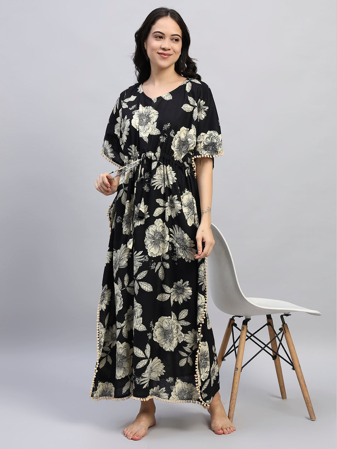 Black Floral Cotton Kaftan Dress – Soft Breathable Lounge & Nightwear