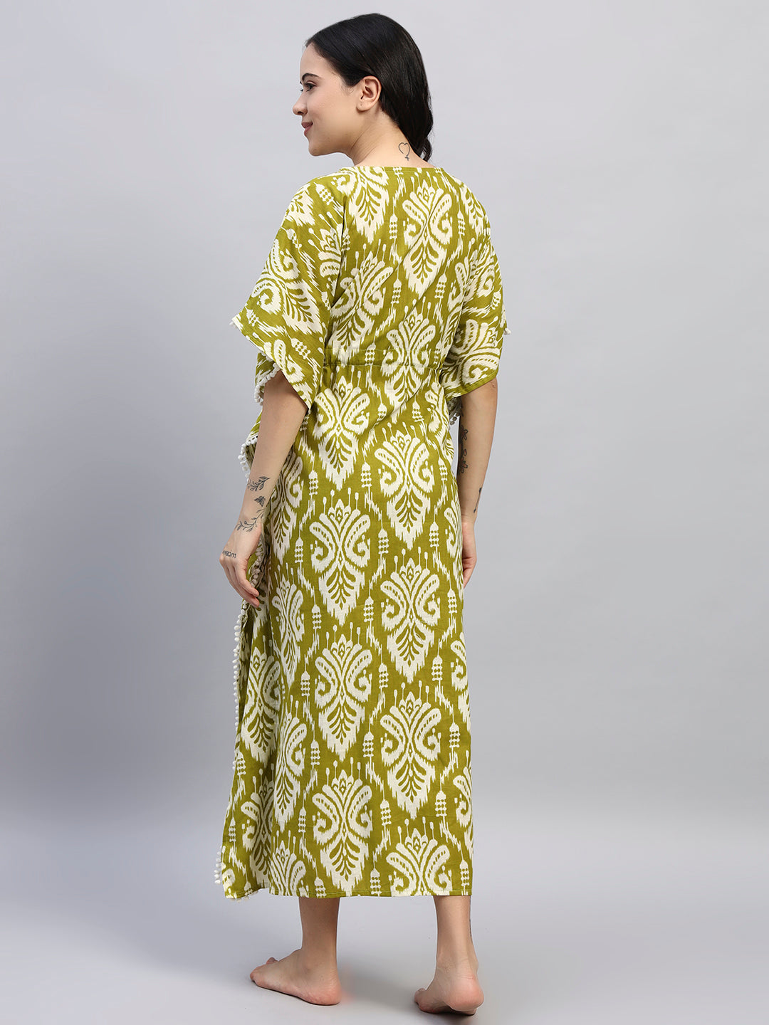 Olive Green Printed Cotton Kaftan Dress – Soft Breathable Lounge & Nightwear