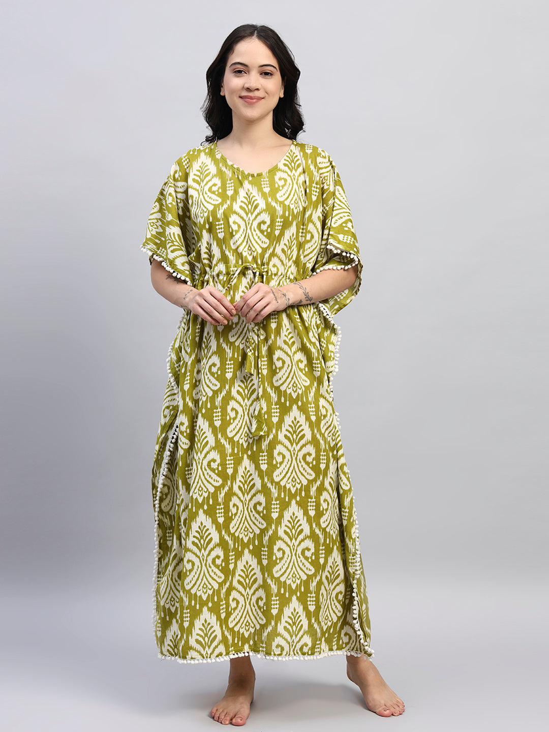 Olive Green Printed Cotton Kaftan Dress – Soft Breathable Lounge & Nightwear