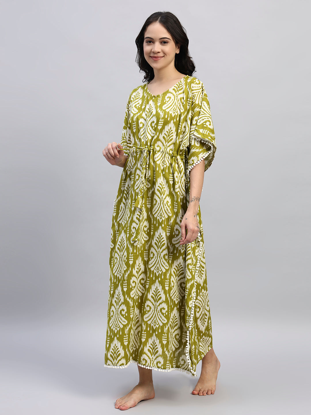 Olive Green Printed Cotton Kaftan Dress – Soft Breathable Lounge & Nightwear
