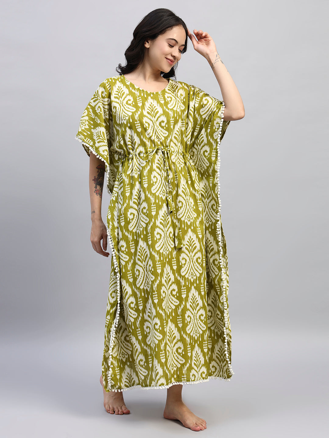Olive Green Printed Cotton Kaftan Dress – Soft Breathable Lounge & Nightwear
