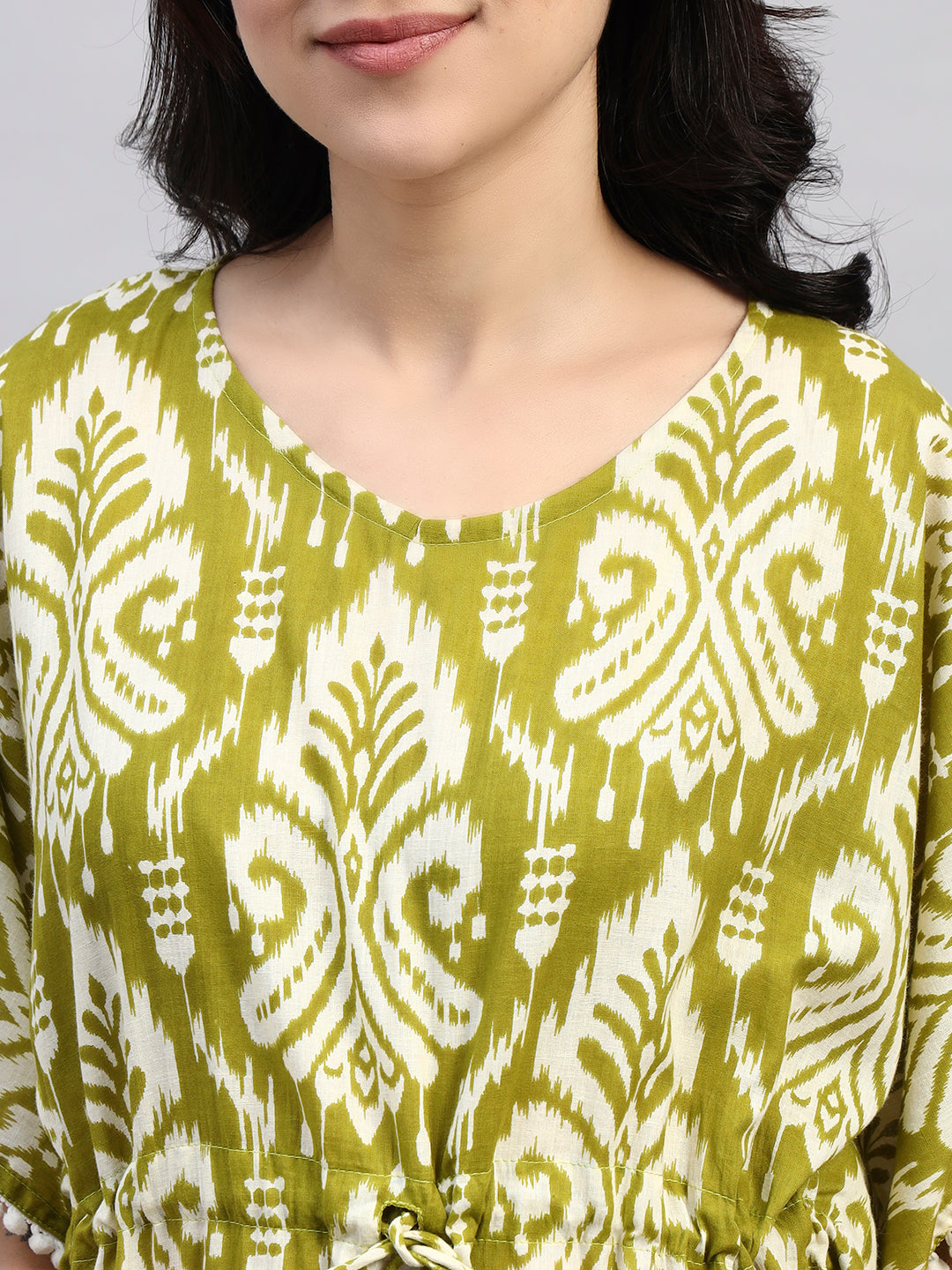 Olive Green Printed Cotton Kaftan Dress – Soft Breathable Lounge & Nightwear