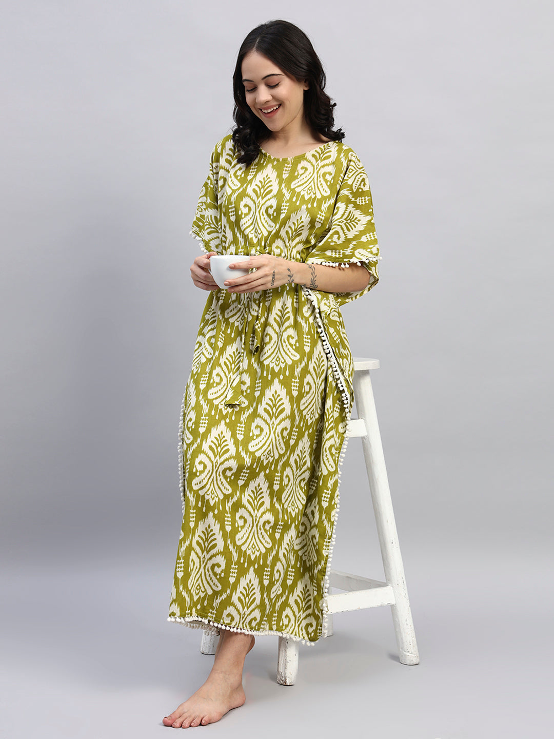 Olive Green Printed Cotton Kaftan Dress – Soft Breathable Lounge & Nightwear