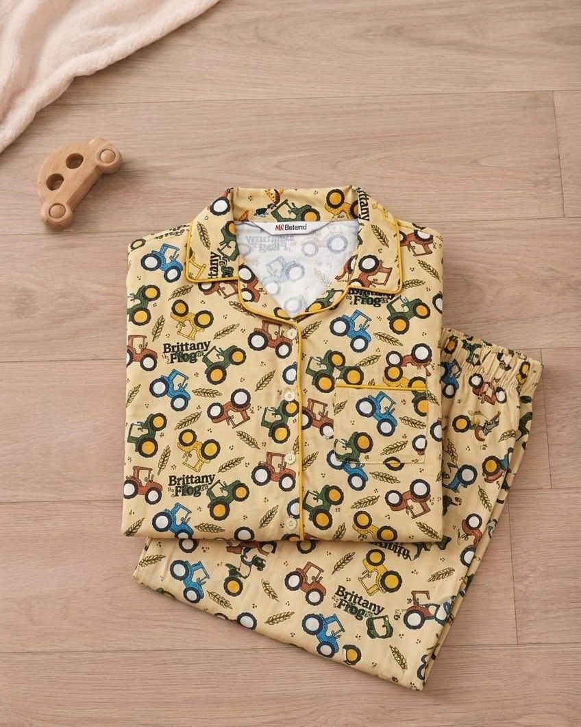 Sephani Girls Beige Tractor Print Cotton Night Suit Set | Full Sleeve Kids Pajama Sleepwear