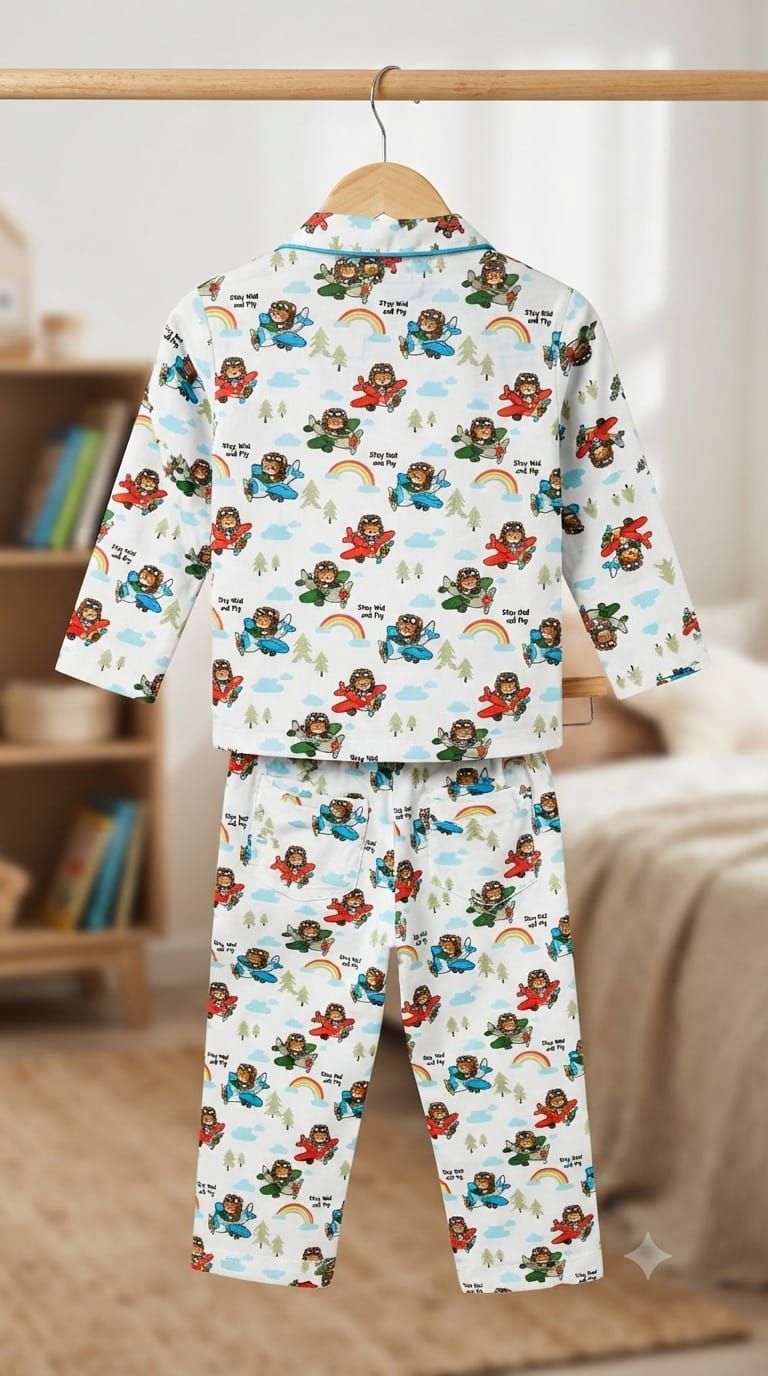 A two-piece  hanging on a wooden hanger, featuring a white background with a colorful cartoon pattern of children, rainbows, and trees. The set includes a long-sleeve top and matching pants, shown against a softly blurred bedroom background.