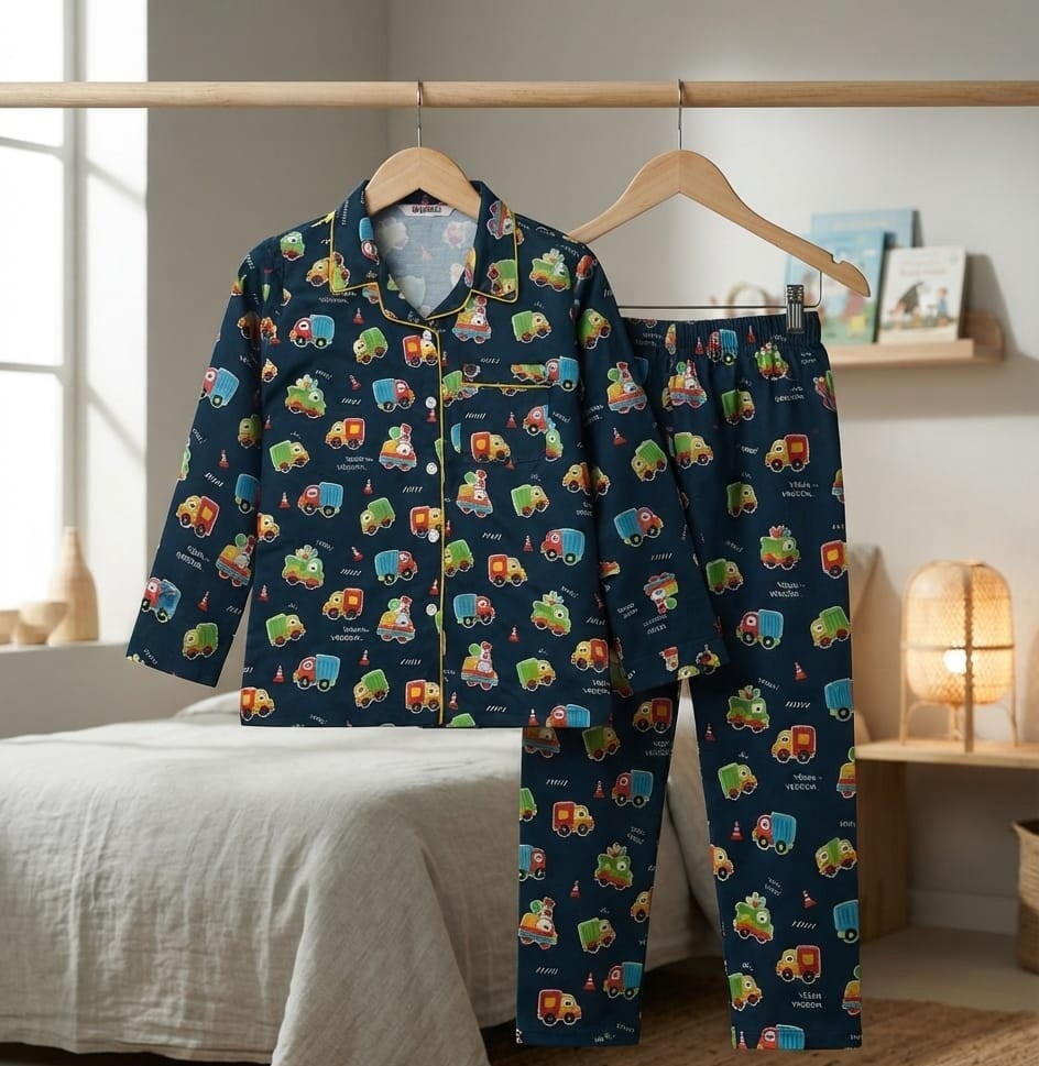A two-piece children's pajama set hanging on wooden hangers in a bedroom setting. The set includes a long-sleeve top and matching pants in navy blue with a colorful cartoon truck pattern, shown against a softly lit bedroom background.