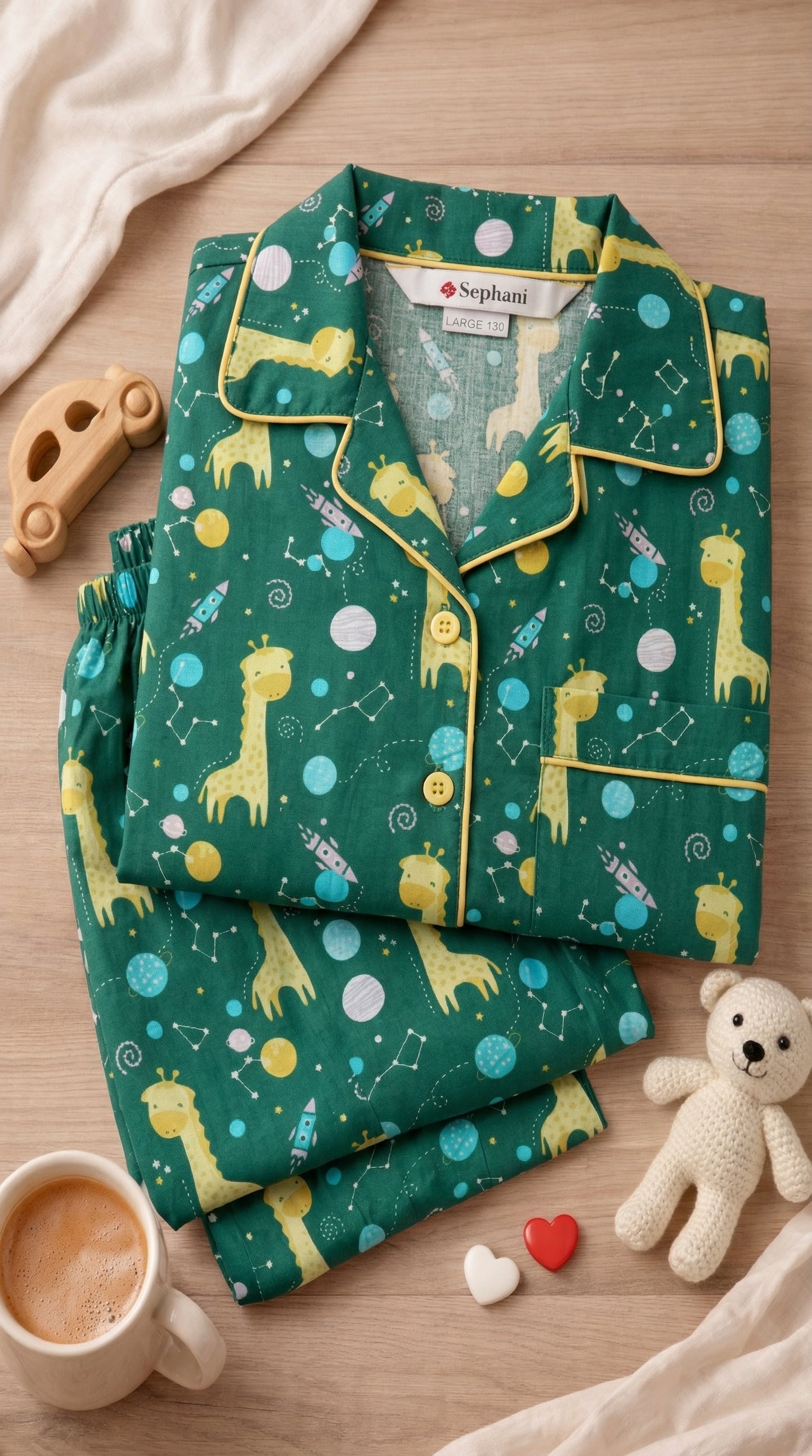 💖💚🦒Giraffe Kids Night Suig green colored – Soft Cotton Space Print Pajama Set
