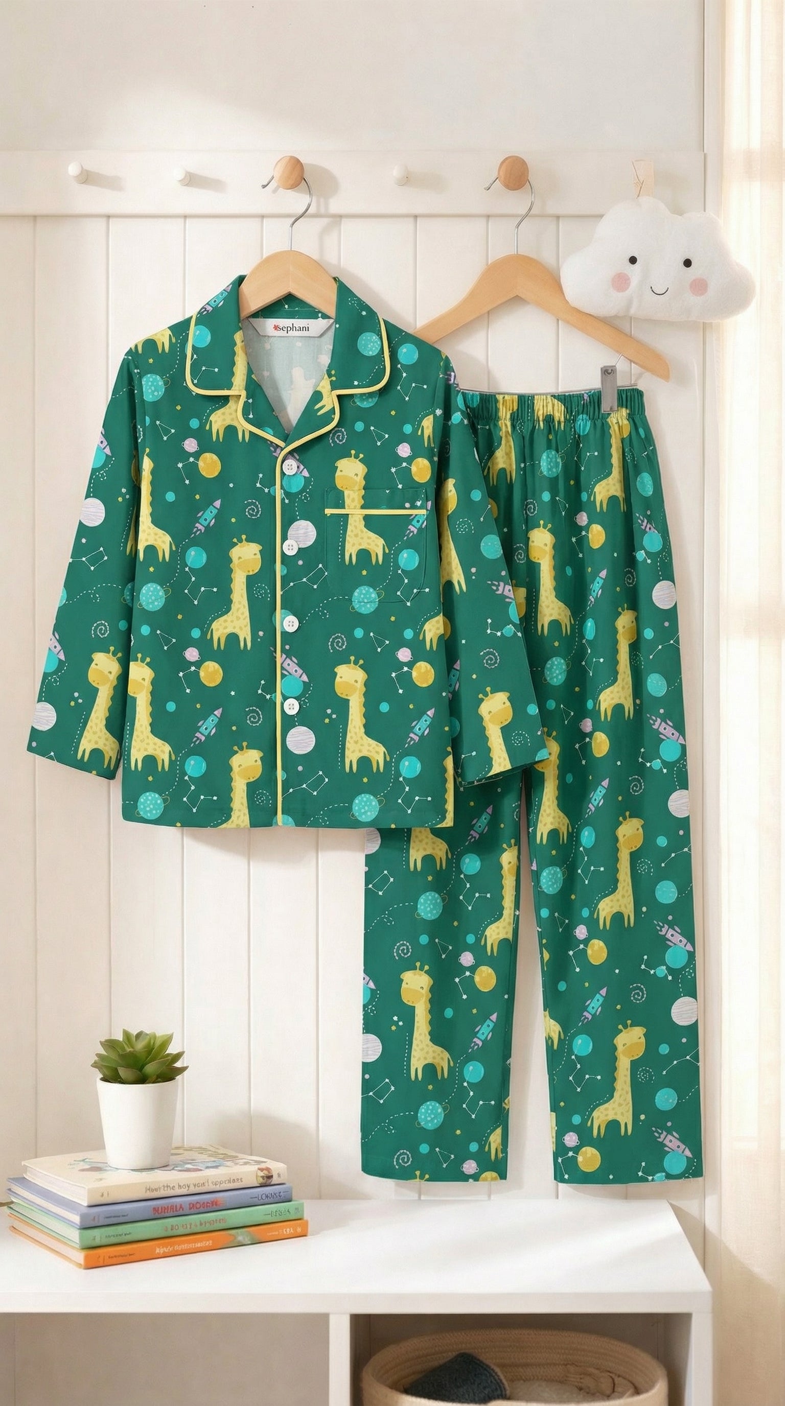 💖💚🦒Giraffe Kids Night Suig green colored – Soft Cotton Space Print Pajama Set