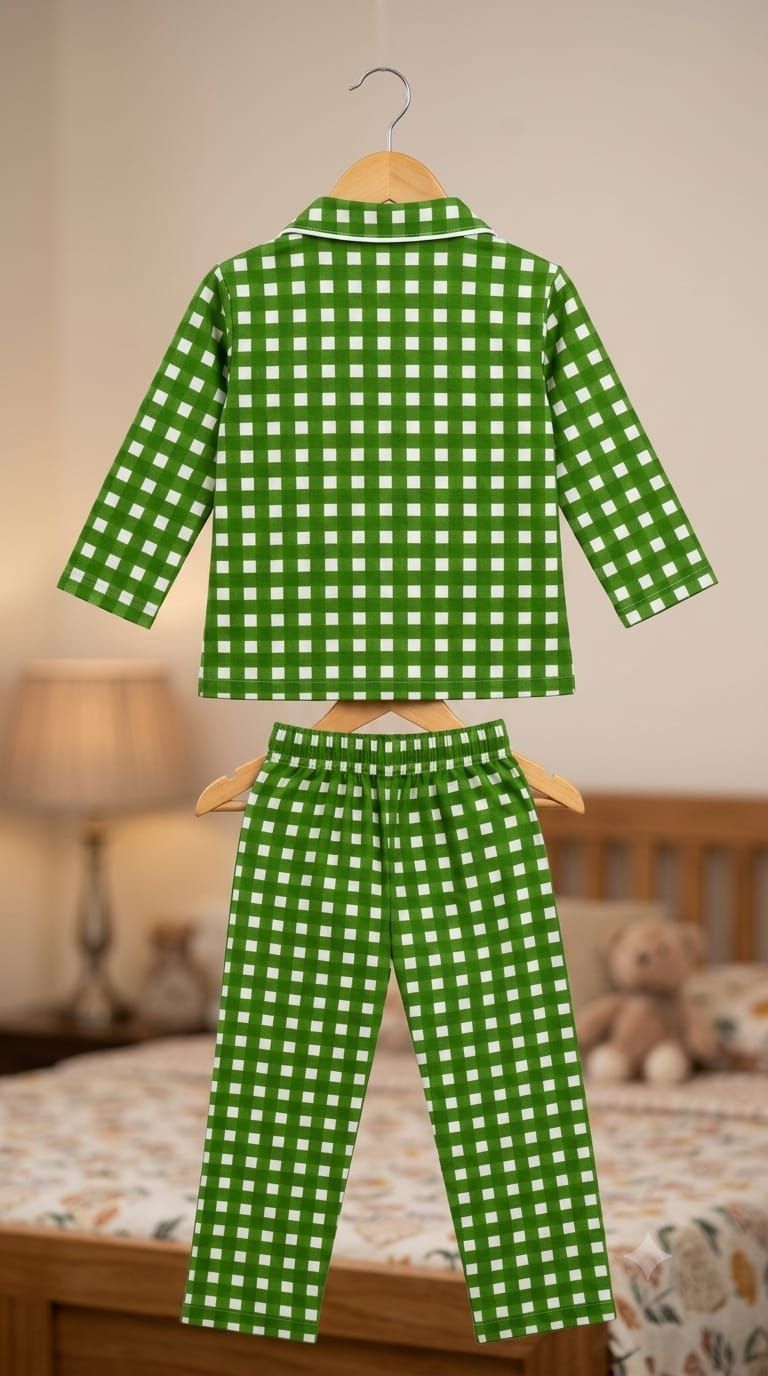 A two-piece children's pajama set with a green and white gingham checkered pattern, shown hanging on wooden hangers against a warm bedroom background.