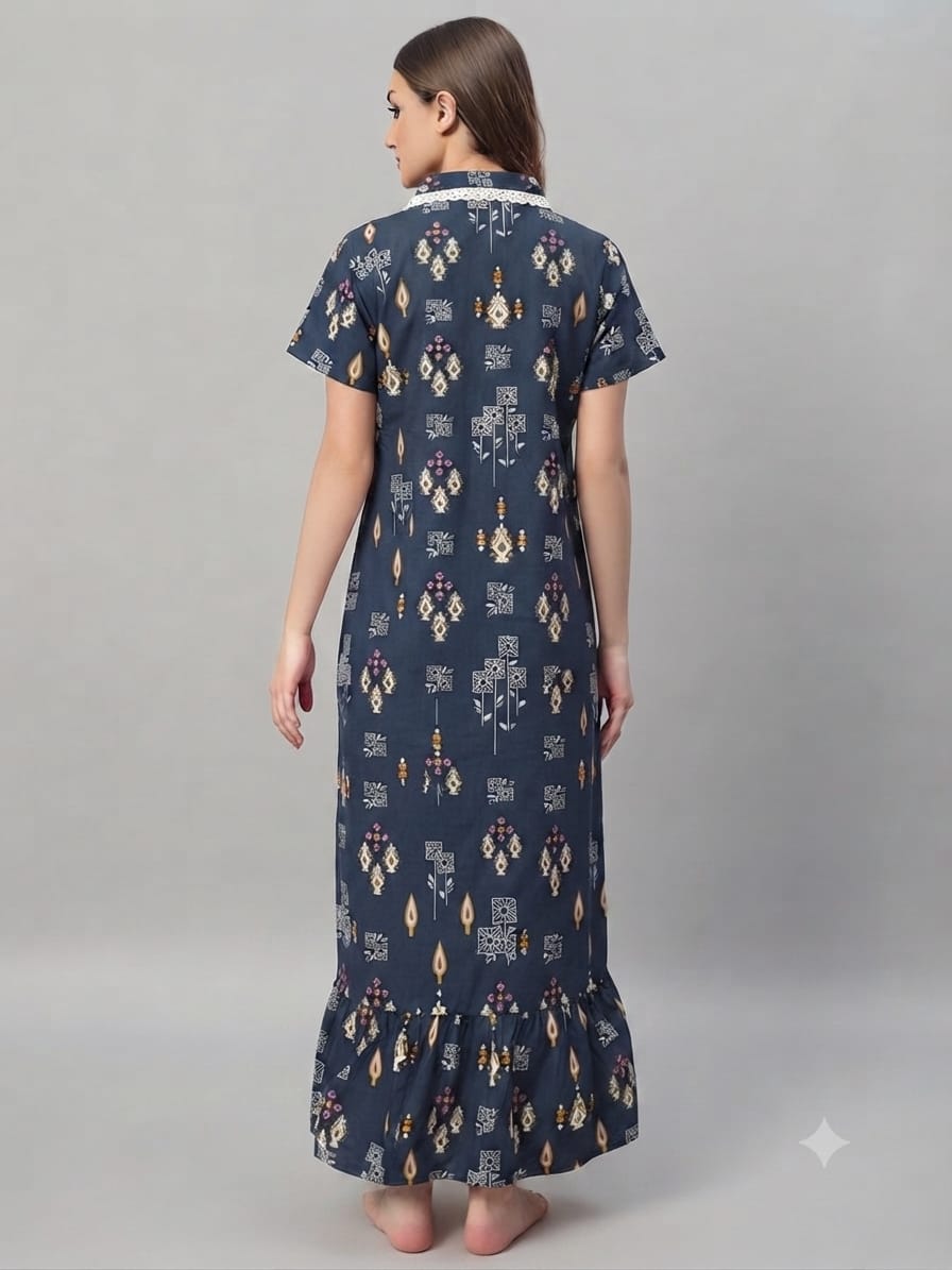 Elegant Navy blue abstract Cotton Nightdress with Frill Yoke – Soft & Breathable Sleepwear