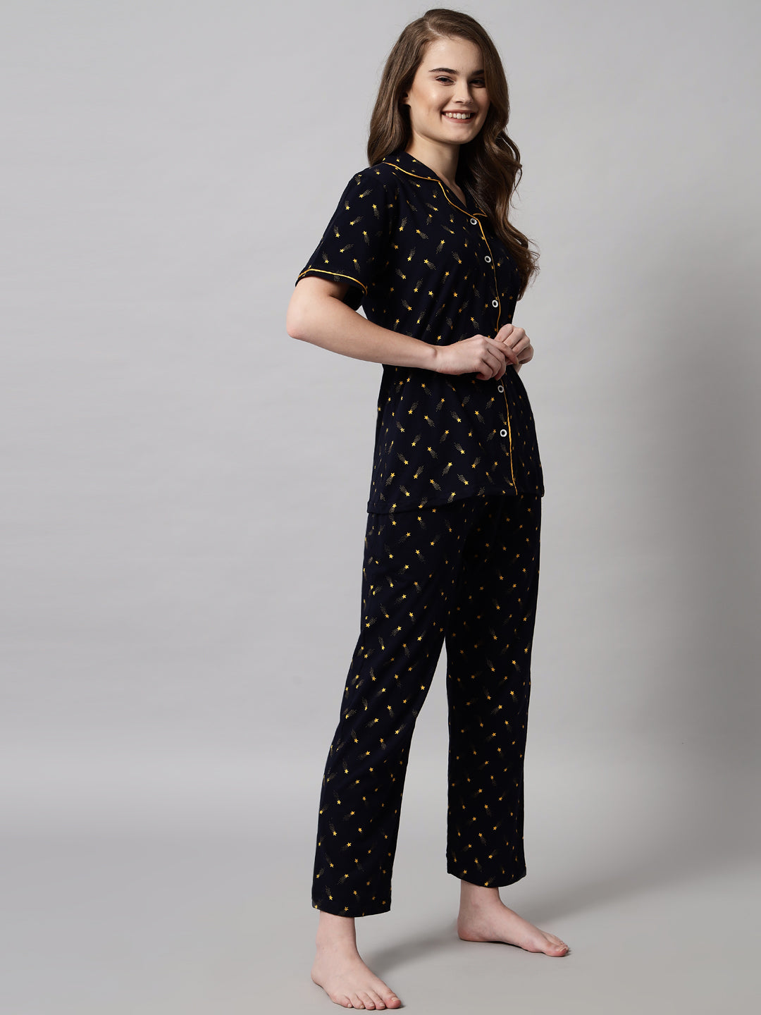 Black Printed Cotton Night Suit Set – Button-Down Top & Pajama Sleepwear