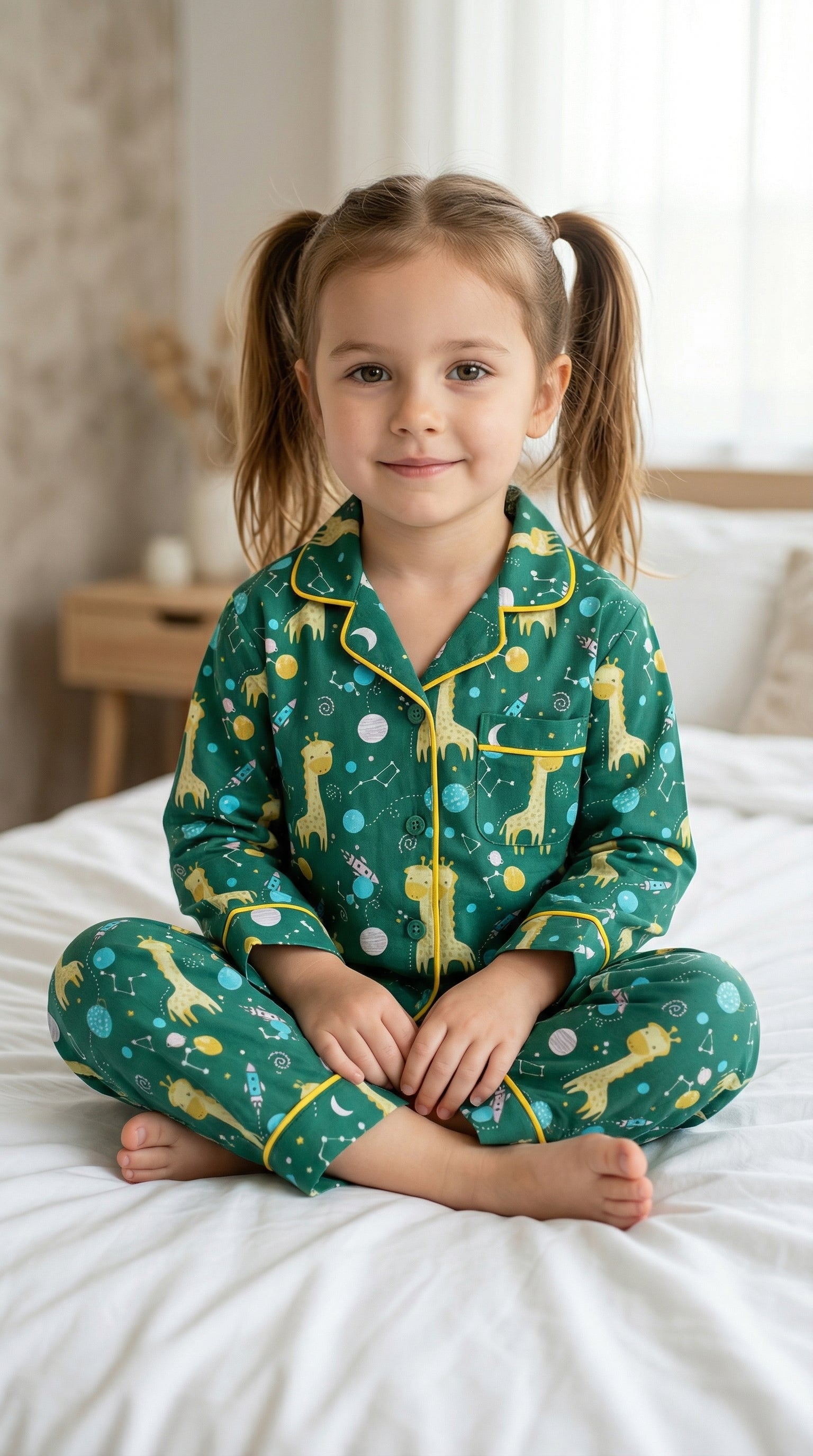 💖💚🦒Giraffe Kids Night Suig green colored – Soft Cotton Space Print Pajama Set