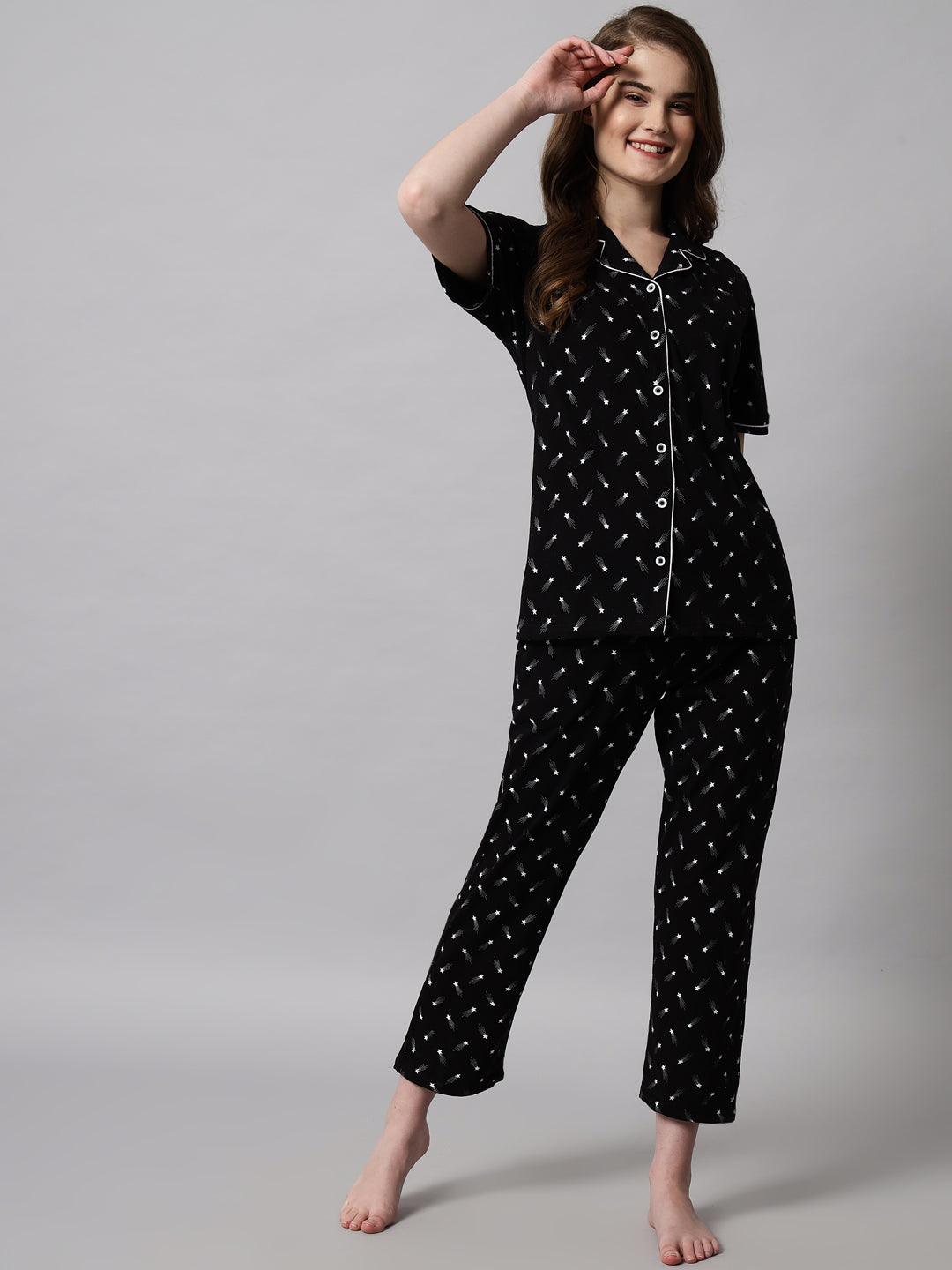 Printed Cotton Night Suit Set – Button-Down Top & Pajama Sleepwear