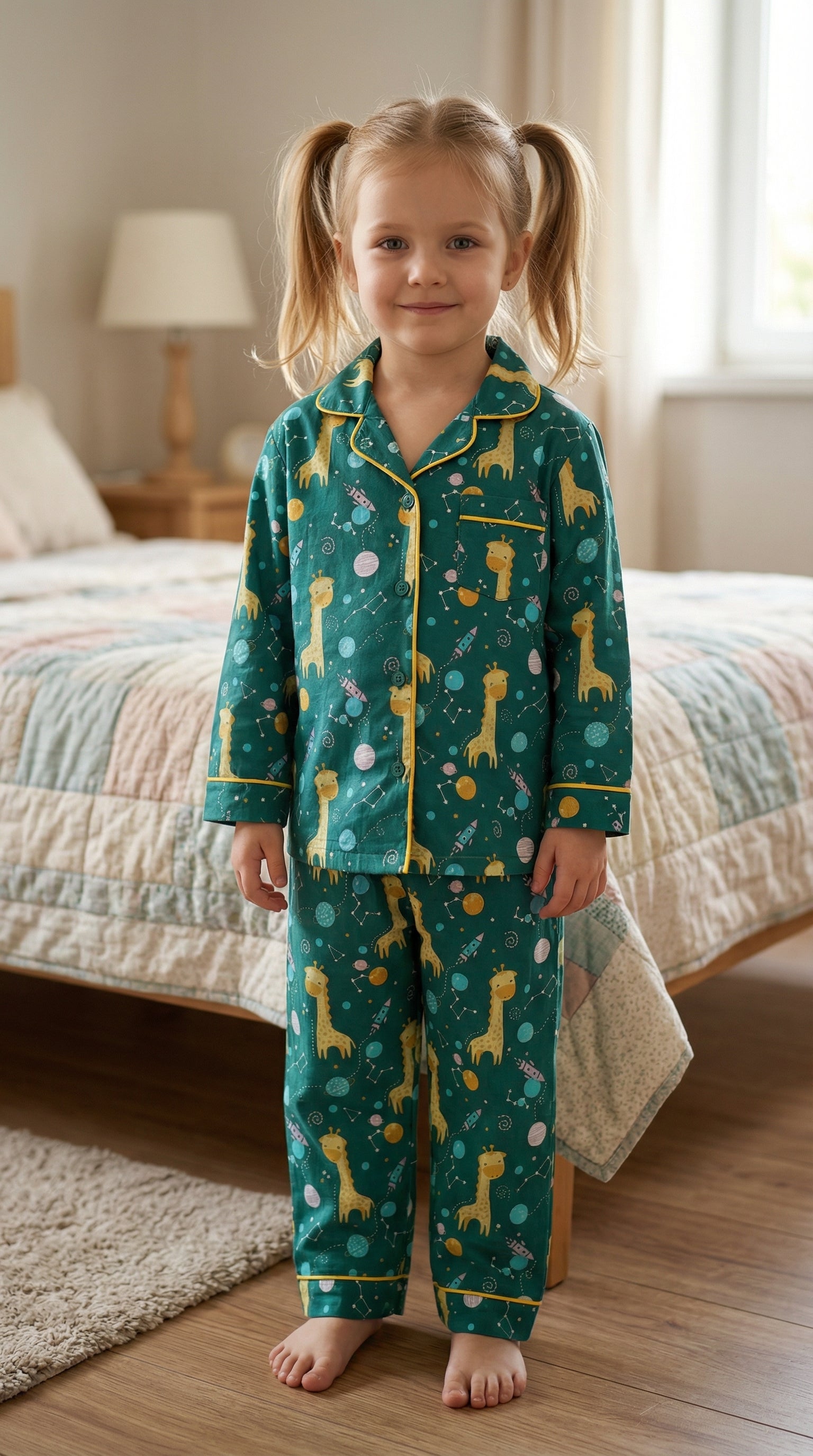 💖💚🦒Giraffe Kids Night Suig green colored – Soft Cotton Space Print Pajama Set