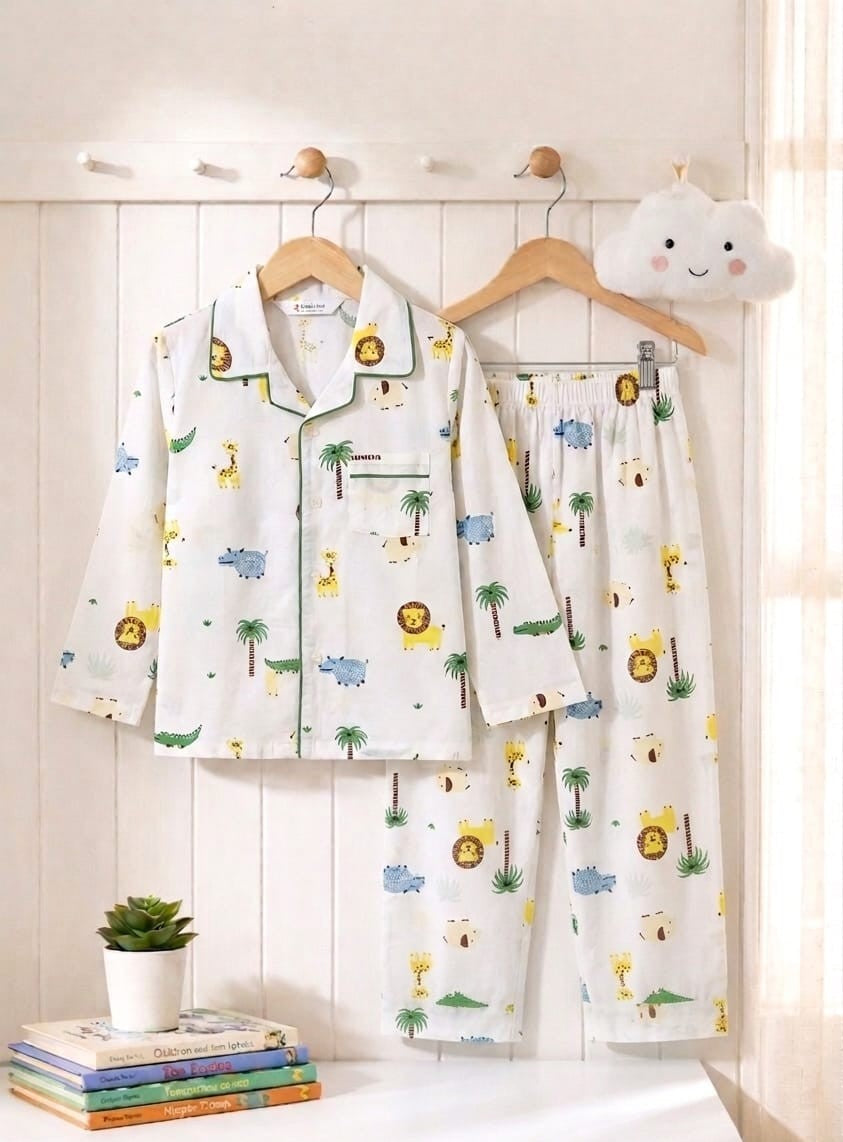 🌳🌴💖Kids Jungle Animal Print Night Suit Set | Cute Cotton Pajama Set for Boys | Soft & Comfortable Sleepwear