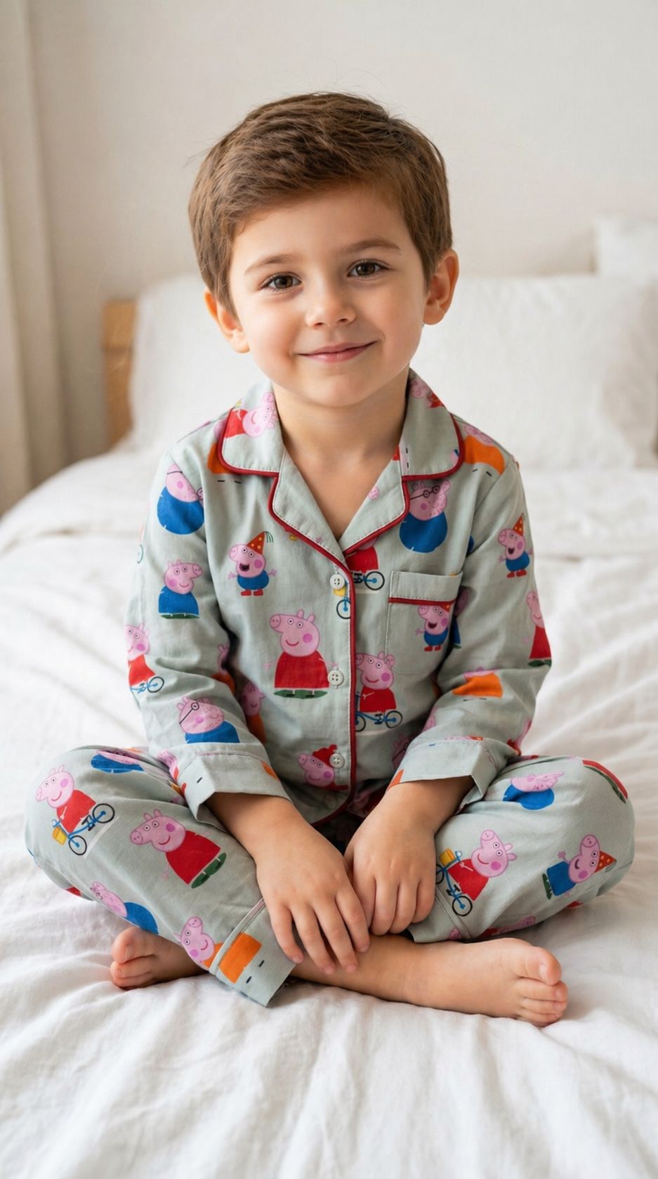 Child wearing Peppa Pig pajamas sitting on a bed.