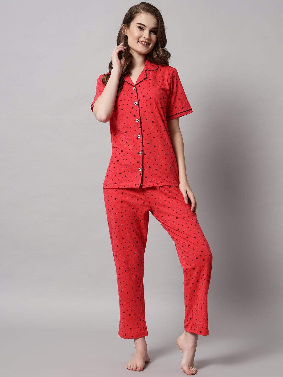 Red Printed Cotton Night Suit Set – Button-Down Top & Pajama Sleepwear